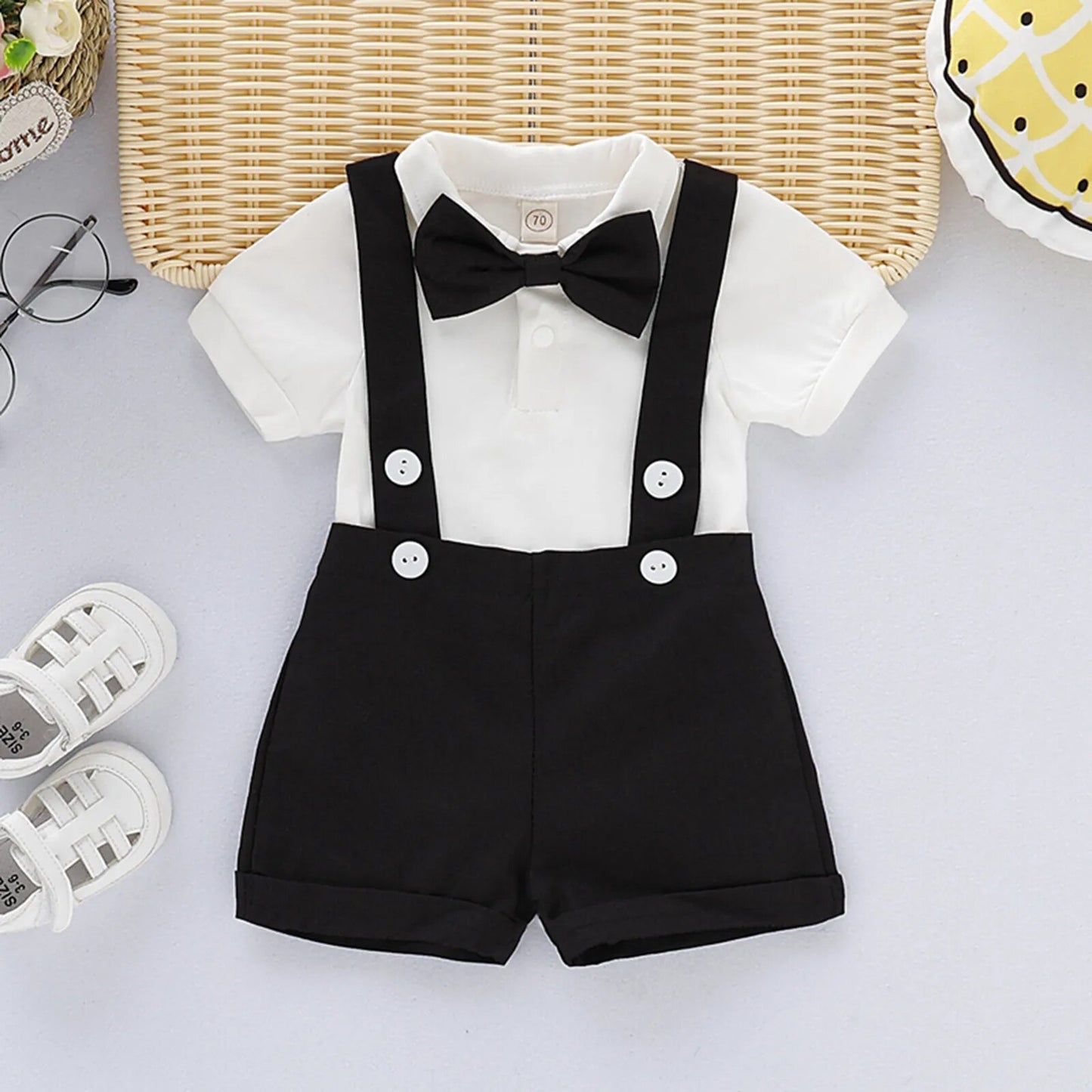 Fashion Baby Boys Baptism Outfit Infant Wedding Gentleman Set Birthday Party Formal Christening Suit Suspender Bow Tie Romper