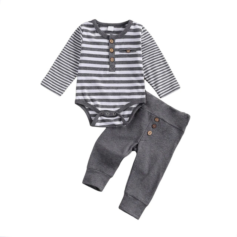 2Pcs Baby Girl Boy Casual Suit, round Neck Long Sleeve Stripe Romper Solid Color Button Decoration Loose Trousers Spring Autumn