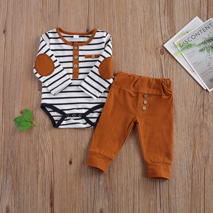 2Pcs Baby Girl Boy Casual Suit, round Neck Long Sleeve Stripe Romper Solid Color Button Decoration Loose Trousers Spring Autumn