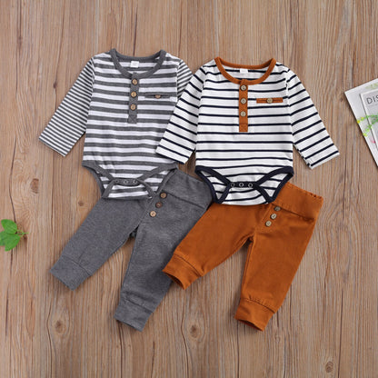 2Pcs Baby Girl Boy Casual Suit, round Neck Long Sleeve Stripe Romper Solid Color Button Decoration Loose Trousers Spring Autumn