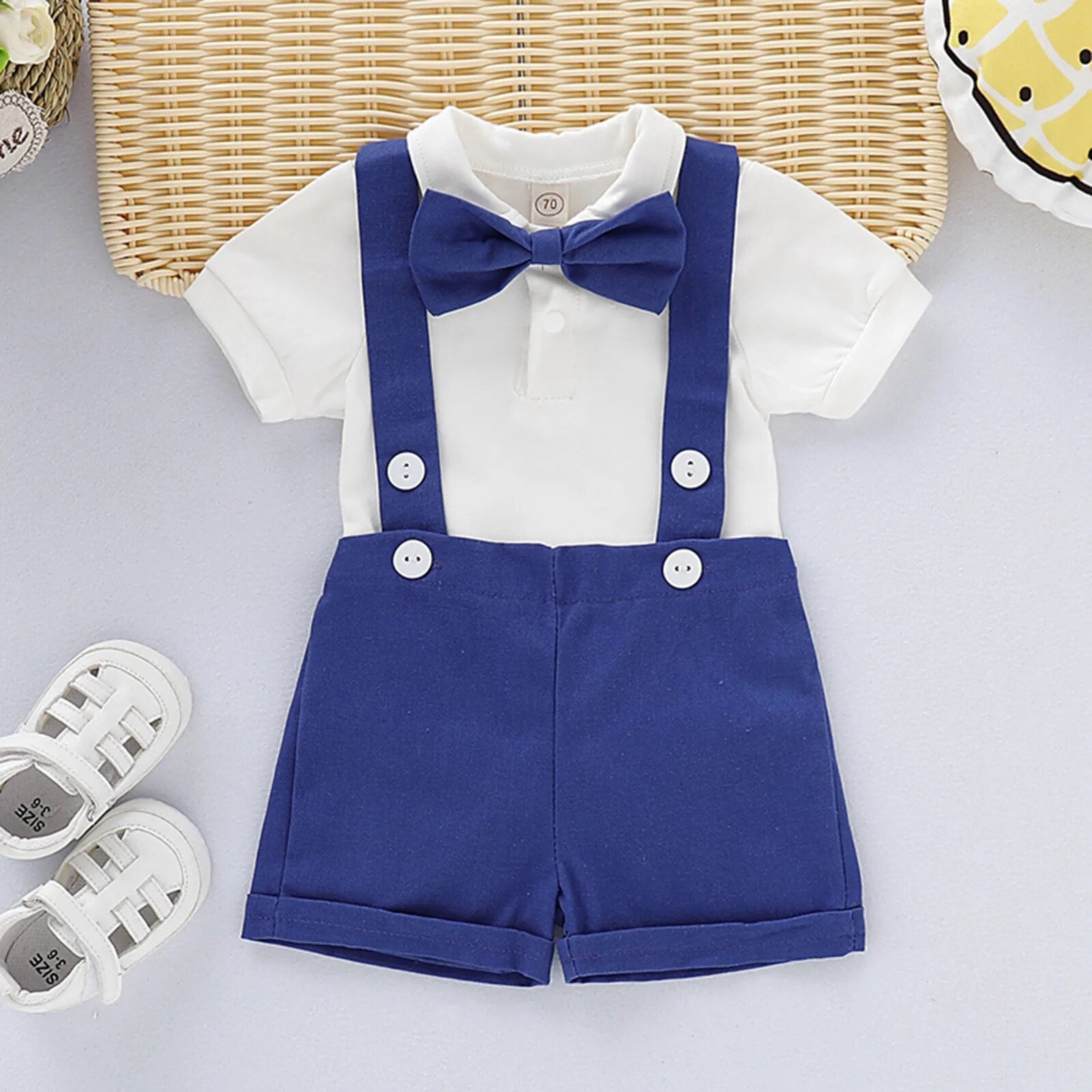 Fashion Baby Boys Baptism Outfit Infant Wedding Gentleman Set Birthday Party Formal Christening Suit Suspender Bow Tie Romper