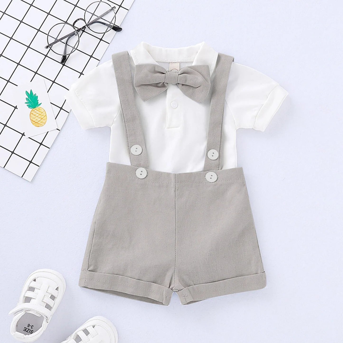 Fashion Baby Boys Baptism Outfit Infant Wedding Gentleman Set Birthday Party Formal Christening Suit Suspender Bow Tie Romper