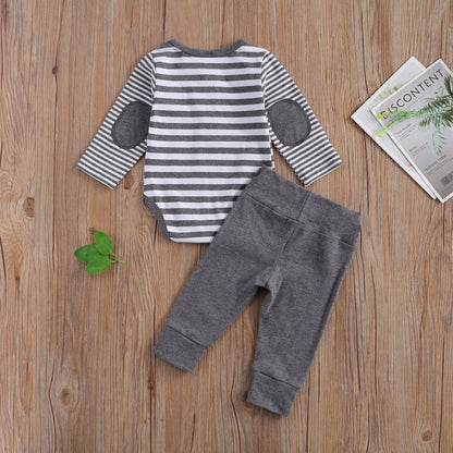 2Pcs Baby Girl Boy Casual Suit, round Neck Long Sleeve Stripe Romper Solid Color Button Decoration Loose Trousers Spring Autumn