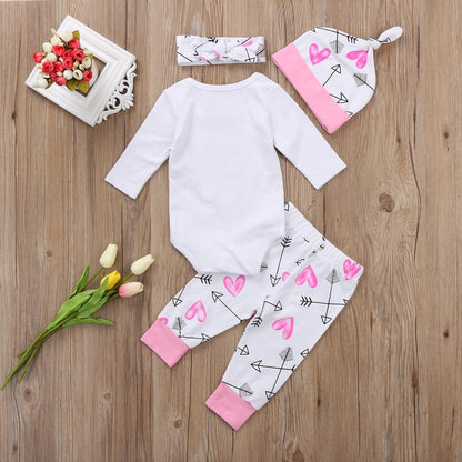 4 Pcs Baby Girls Pants Set Newborn Infant Toddler Letter Romper Arrow Heart Pants Hats Headband Clothes