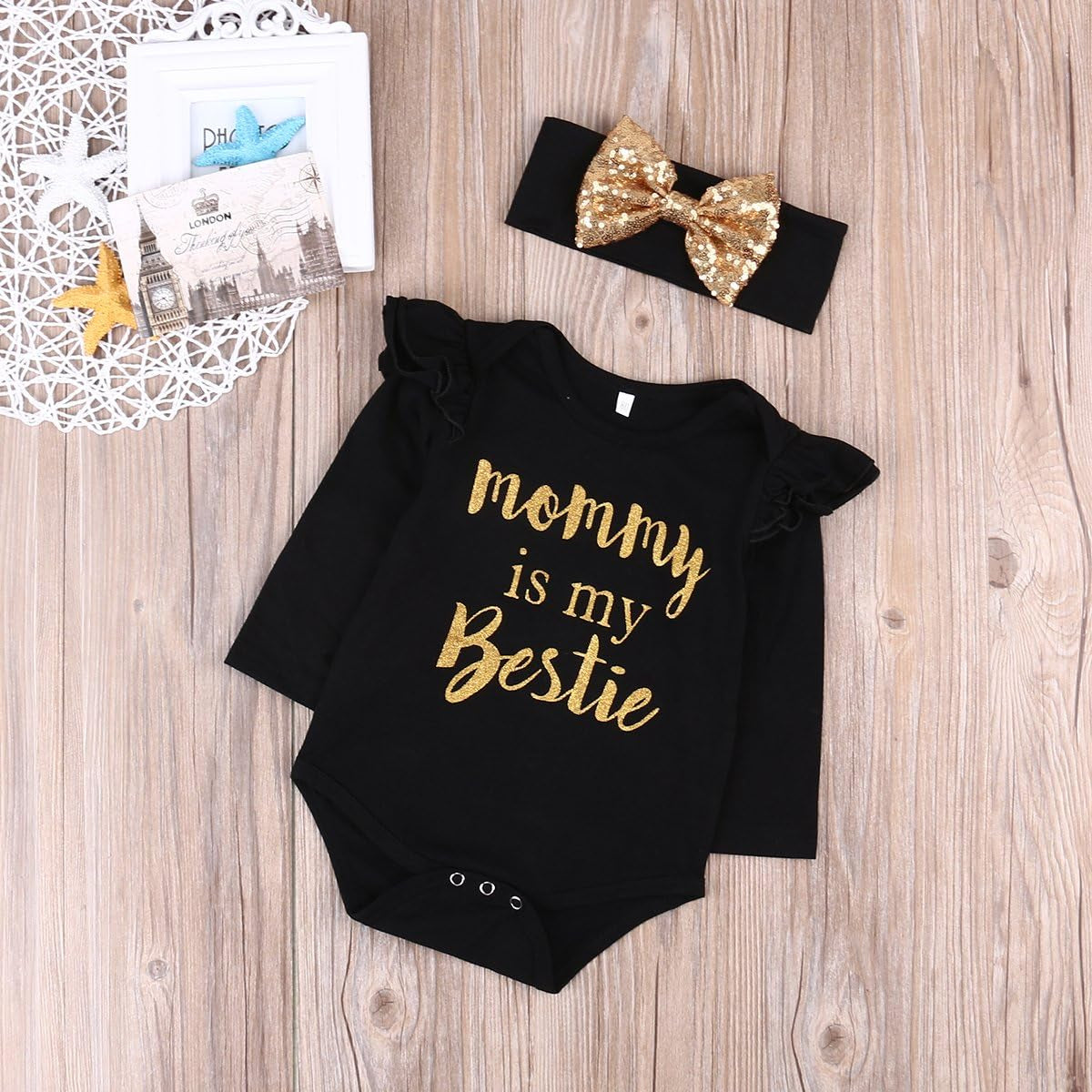 Newborn Baby Girls Clothes Floral “Mommy Is My Bestie” Bodysuit Romper +Headband